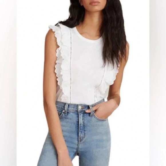 Veronica Beard blouse Pima cotton tee short sleeve ruffles embroidered eyelet - Picture 1 of 6
